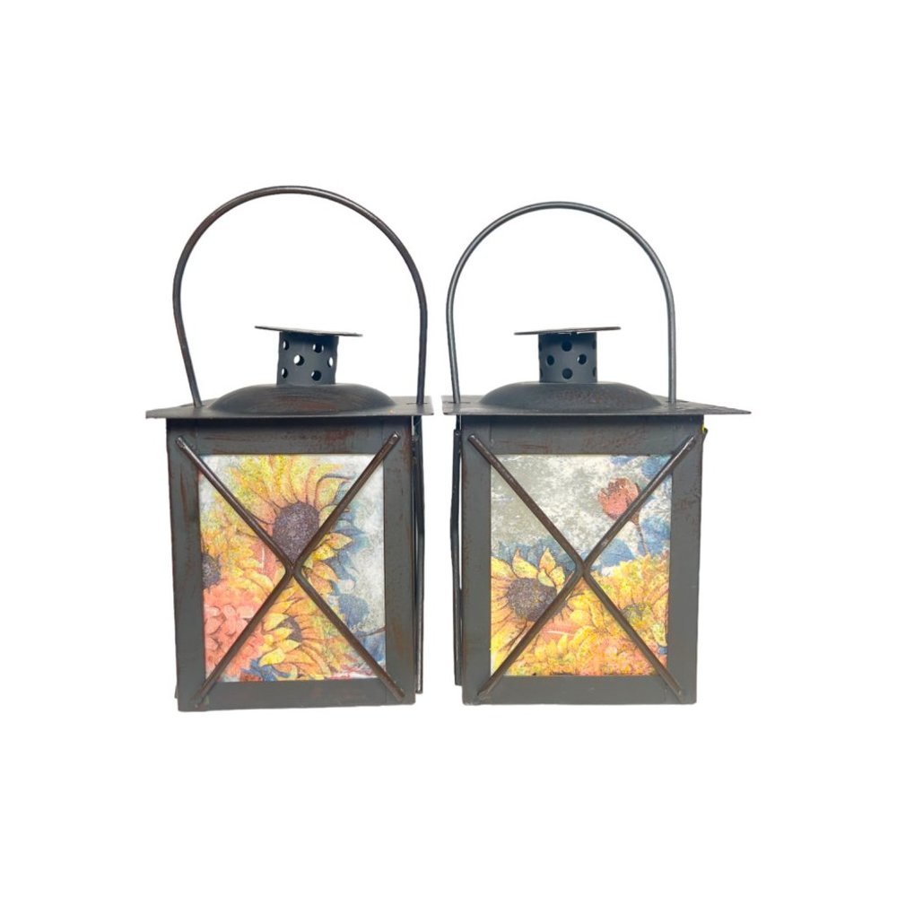 Artisan Crafted Metal Lantern Decoupaged with Sunflowers Set of 2 One of a Kind